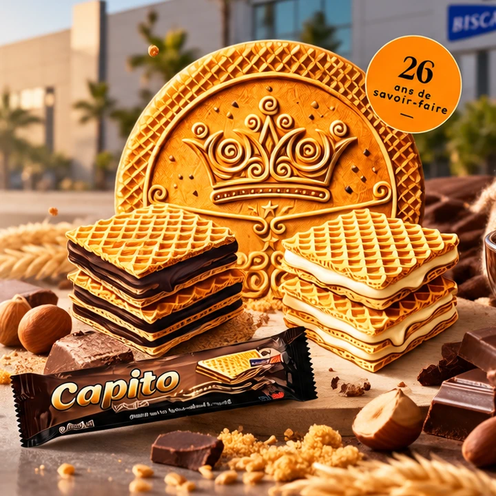 Chocolate and vanilla filled wafers in front of a wafer stamped with the Biscarose crown